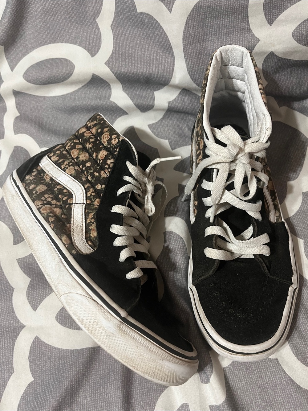 Vans Black and Floral High-Top Sneakers - Women size 9